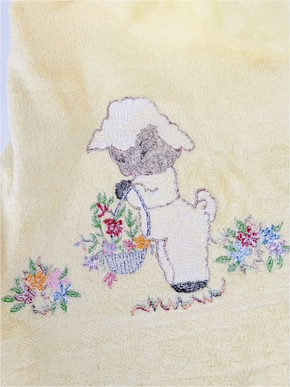 Vintage Lady Pepperell Cotton Yellow Bath Towel With Fluffy Lamb Floral Lace Bow